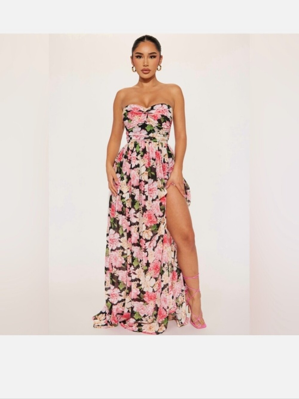 Fashion Nova Black Strapless Floral Maxi Dress with Pink Blooms